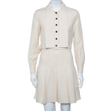 Pre Owned Christian Dior Cream Wool & Silk Collar Detail Pleated Belted Mini Dress S