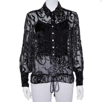 Pre Owned Christian Dior Vintage Black Devore Waist Tie Detail Button Front Shirt M