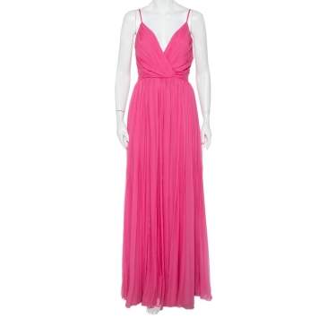 Pre Owned Christian Dior Pink Silk Chiffon Pleated Sleeveless Gown M