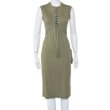 Pre Owned Christian Dior Green Cotton Knit Lace Up Detail Sleeveless Midi Dress L