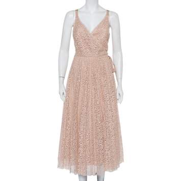 Pre Owned Christian Dior Light Pink Lace Sleeveless Midi Wrap Dress S
