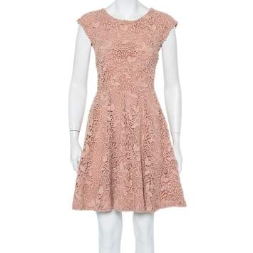 Pre Owned Christian Dior Light Pink Lace Flared Dress S