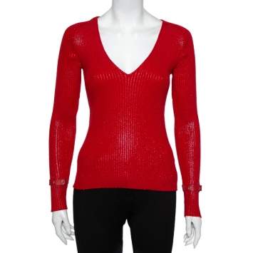 Pre Owned Christian Dior Vintage Red Textured Rib Knit Sweater M