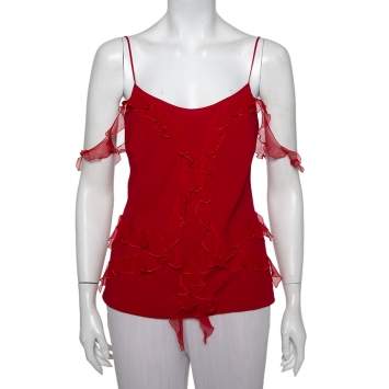 Pre Owned Christian Dior Vintage Red Silk Ruffle Detail Camisole L