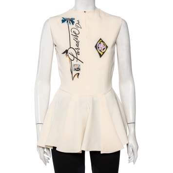 Pre Owned Christian Dior Cream Paradise Dior Printed Silk Sleeveless Peplum Top M