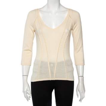 Pre Owned Christian Dior Cream Cashmere Scallop Detail Sweater Top M