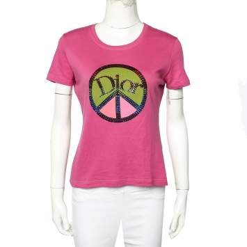 Pre Owned Christian Dior Boutique Pink Cotton Embellished Logo  Roundneck T-Shirt L