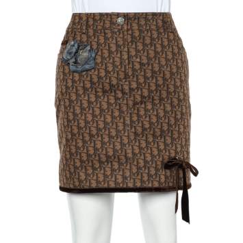 Pre Owned Christian Dior Brown Trotter Printed Denim Applique Detail Mini Skirt M