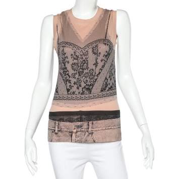 Pre Owned Christian Dior Pink Trompe L Oeil Printed Cotton Tank Top L
