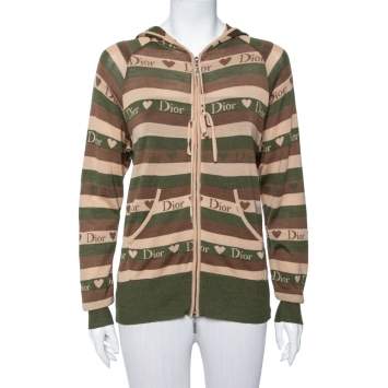 Pre Owned Christian Dior Brown Striped Logo Love Jacquard Hooded Sweatshirt M