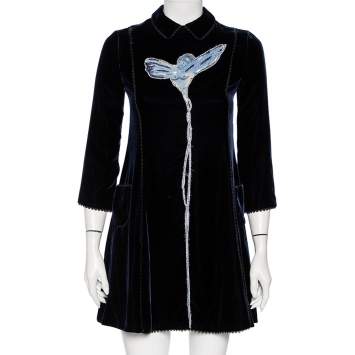 Pre Owned Christian Dior Midnight Blue Velvet Angel Applique Collared Mini Dress S