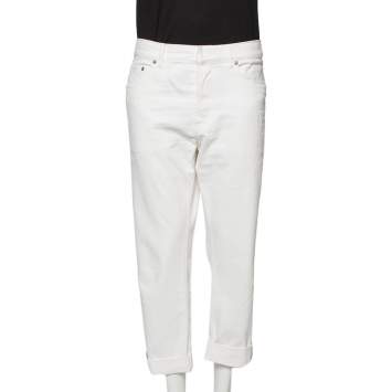 Pre Owned Dior White Distressed Denim Logo Selvedge Boyfriend Jeans L