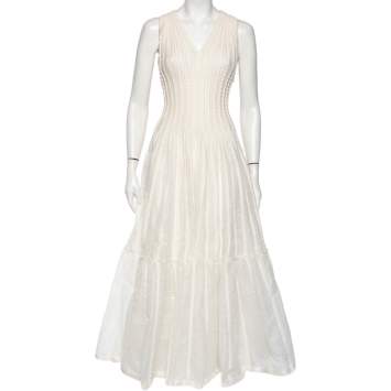 Pre Owned Dior Ivory Patterned Silk Knit Flared Sleeveless Gown S