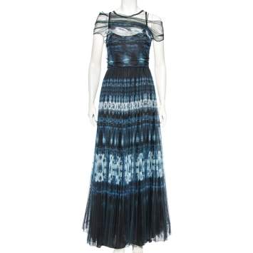 Pre Owned Dior Navy Blue Tie Dye Printed Tule Draped Off Shoulder Gown M