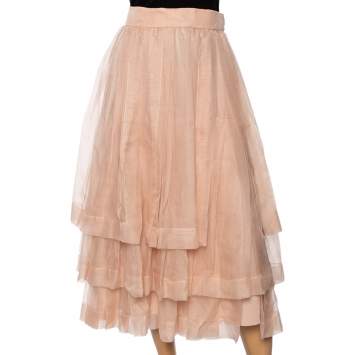 Pre Owned Dior Light Pink Silk Pleated Overlay Tiered Midi Skirt M