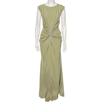 Pre Owned Dior Mint Green Silk Embellished Gathered Maxi Dress M