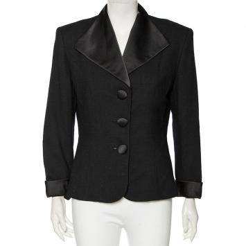 Pre Owned Dior Vintage Black Wool And Satin Trimmed Button Front Blazer L