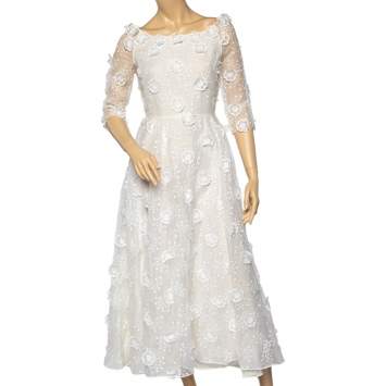 Pre Owned Christian Dior White Embroidered Cotton Floral Applique Detail Dress M