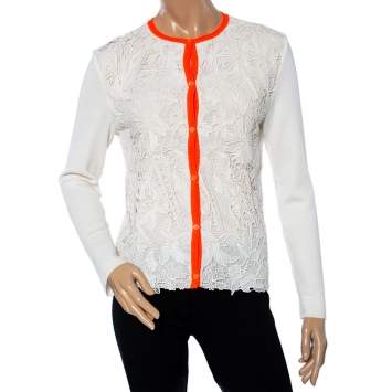 Pre Owned Dior Ivory Guipure Lace & Knit Contrast Neon Trim Cardigan M