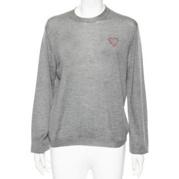 Pre Owned Dior Grey Cashmere Heart Logo Embroidered Long Sleeve Sweater L
