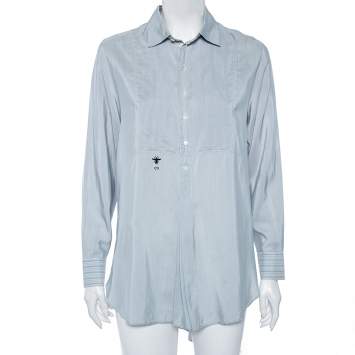 Pre Owned Dior Blue Silk Embroidered Bee Logo Detailed Buttoned Tunic S