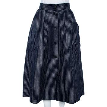 Pre Owned Dior Blue Striped Cotton Button Front Flared Skirt M