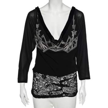 Pre Owned Dior Black Silk & Lace Trimmed Embellished Cowl Neck Top L