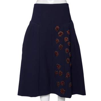 Pre Owned Dior Navy Blue Crepe Embroidered Embellished Midi Skirt M