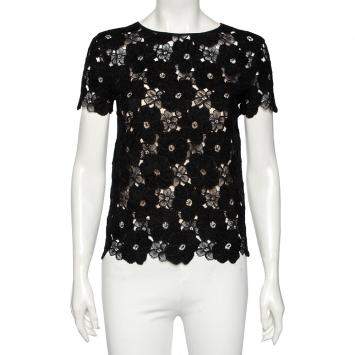 Pre Owned Dior Black Floral Lace Knit Short Sleeve Top M