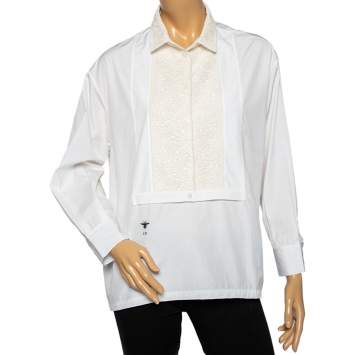 Pre Owned Dior White Cotton & Lace Trimmed Oversized Blouse L