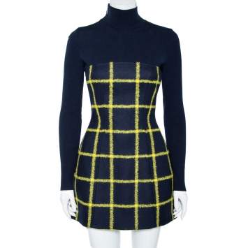 Pre Owned Dior Navy Blue Grid Checked Wool & Rib Knit Long Sleeve Dress S 