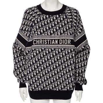 Pre Owned Dior Navy Blue Oblique Motif Jacquard Cashmere Reversible Sweater L