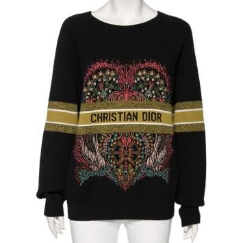 Pre Owned Dior Black Logo & Heart Jacquard Cashmere Knit Sweater L