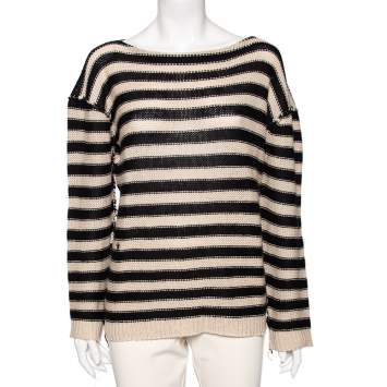 Pre Owned Dior Beige & Black Striped Cashmere & Linen Knit Sweater M