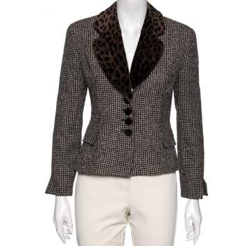 Pre Owned Dior Vintage Brown Tweed & Leopard Print Lapel Detail Jacket S