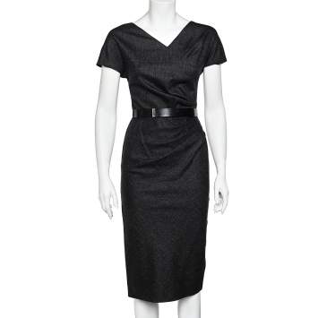 Pre Owned Christian Dior Charcoal Grey Wool Draped Detail Midi Dress S