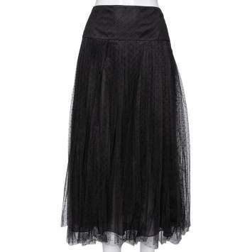Pre Owned Dior Black Polka Dotted Tulle Pleated Midi Skirt L