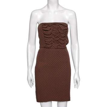 مملوكة مسبقًا Dior Brown Polka Dot Print Silk Ruched Panel Detail Strapless Dress S