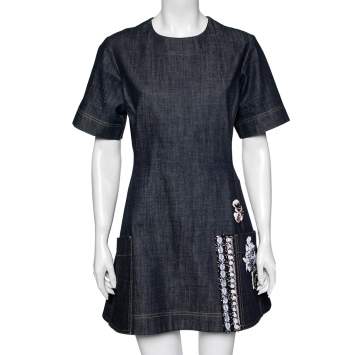 Pre Owned Dior Blue Denim Floral Embellished Short Sleeve Dress L