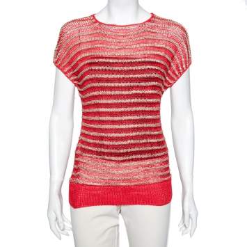 Pre Owned Dior Vintage Red & Gold Striped Lurex Knit Short Sleeve Top M
