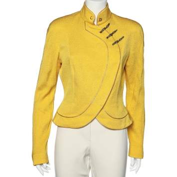 Pre Owned Christian Dior Yellow Textured Silk Cheongsam Jacket L