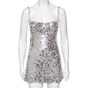 Pre Owned Dior Silver Mirror Embellished Mesh Mini Dress S