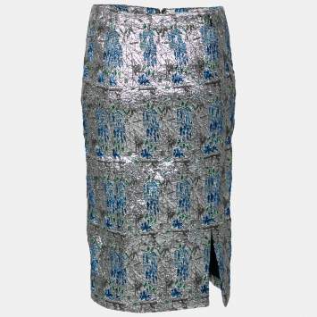 مملوكة مسبقًا Dior Silver & Blue Patterned Brocade Knee Length Skirt M