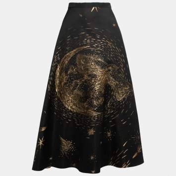 Pre Owned Dior Black & Gold Embossed Flared Midi Skirt M