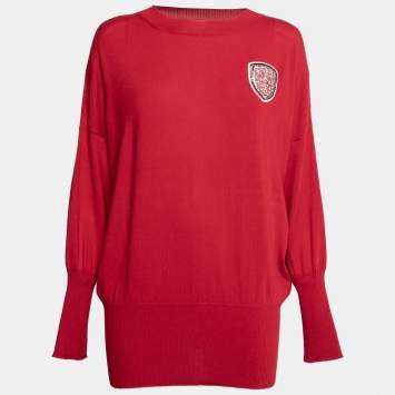 Pre Owned Dior Red Wool & Cashmere Fine Knit Crest Embellished Jumper M