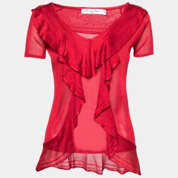 Pre Owned Dior Red Knit Ruffle Trimmed Short Sleeve Top M