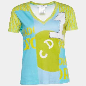 مملوكة مسبقًا Christian Dior Boutique Blue & Yellow Patchwork Print V Neck T-Shirt M