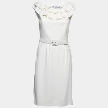 Pre Owned Dior White Crepe Ruffled Off Shoulder Midi Dress M 