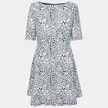 Pre Owned Dior Monochrome Floral Jacquard Short Sleeve Dress L