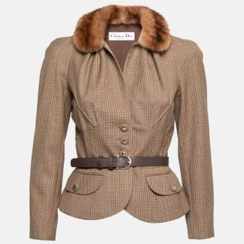 Pre Owned Dior Brown Houndstooth Wool Fur Trim Belted Jacket S